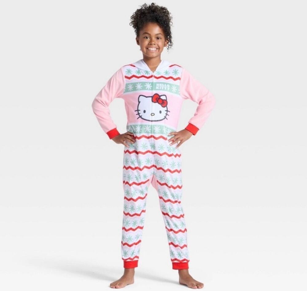 Hello Kitty Girls Christmas Hooded One-Piece Pajamas Pink Size S 6/6X NWT
